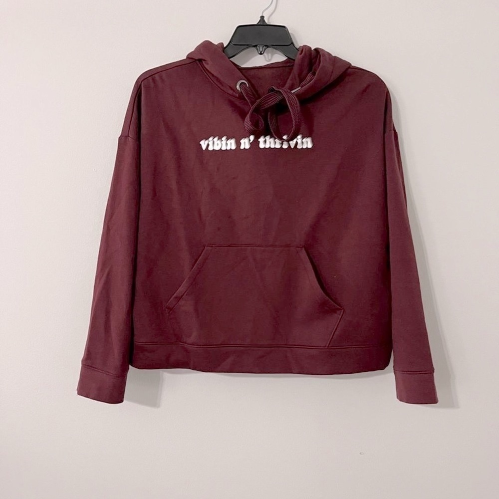 Walk Pop Vibin and thriving maroon hoodie with white sparkly letters